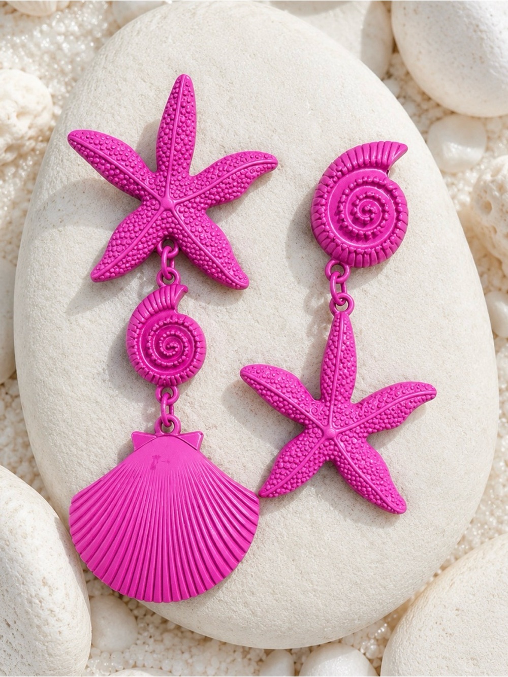 Hot Pink Sea Shell & Starfish Drop Earrings
